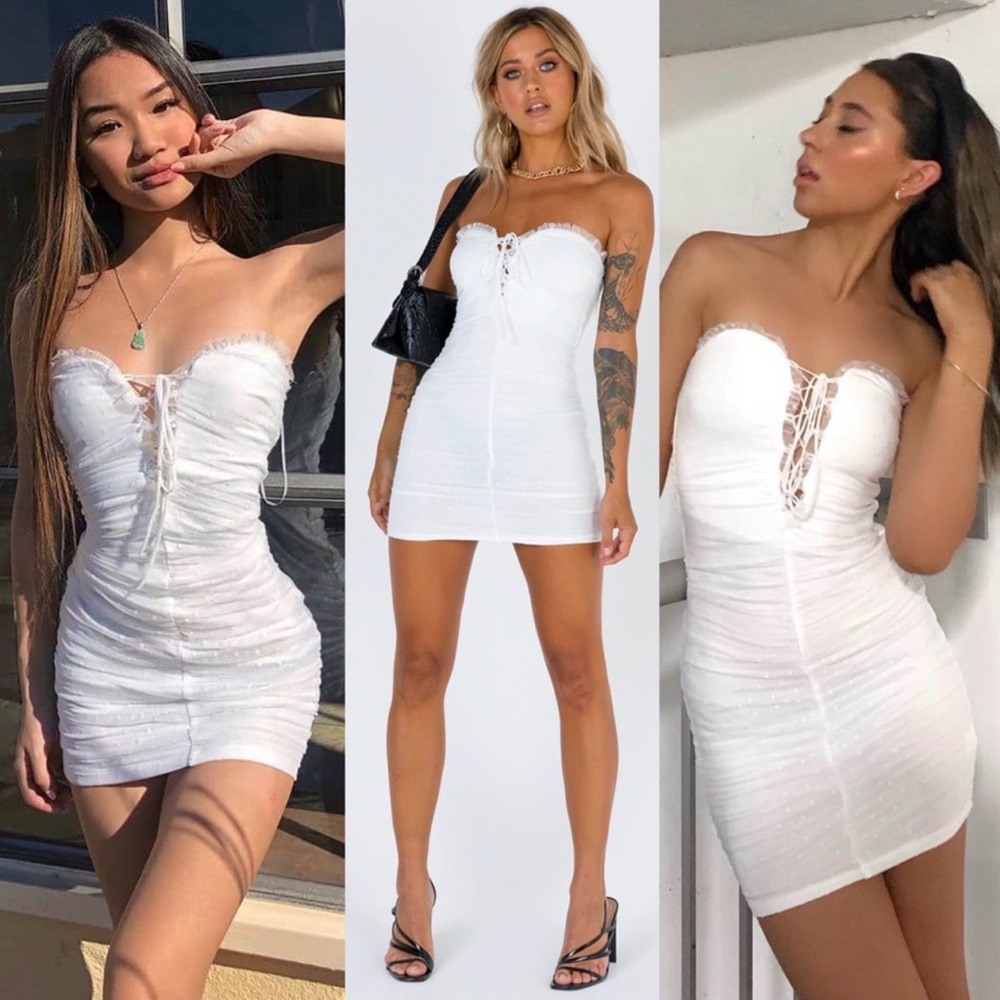 Princess Polly Ruched Mesh Mini Dress Swiss Dot Lace Up Front White Size 4
